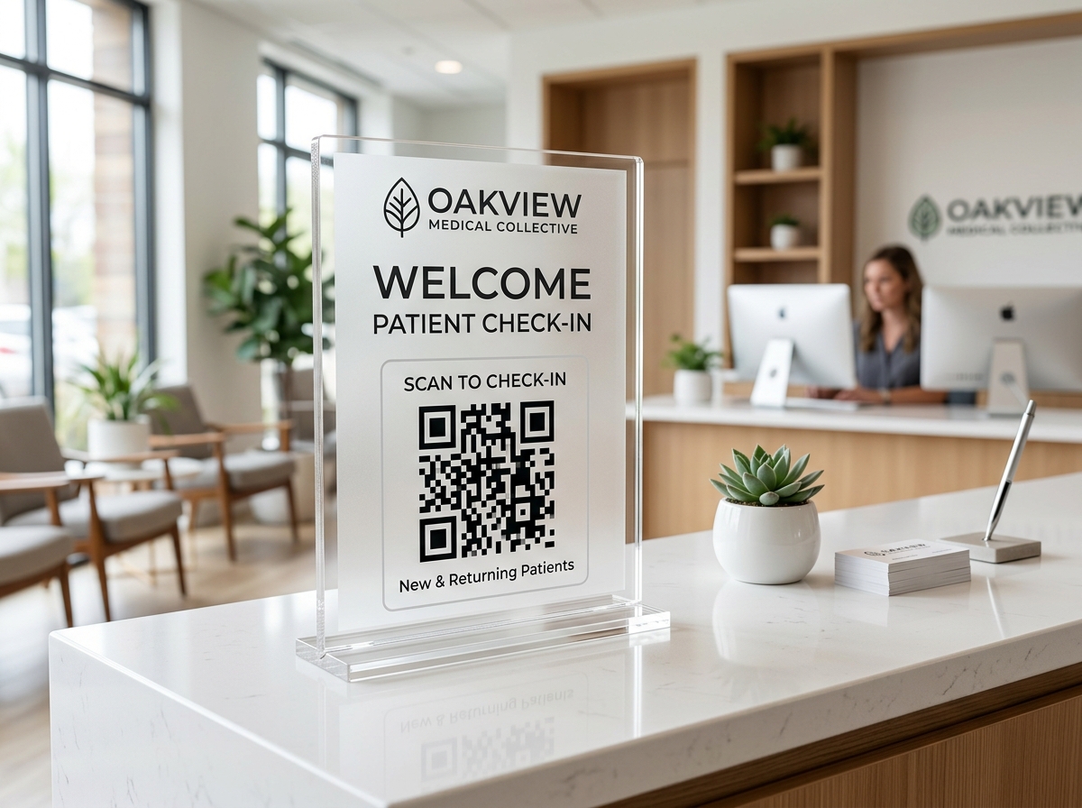 Clinic reception check-in standee with digital intake QR code