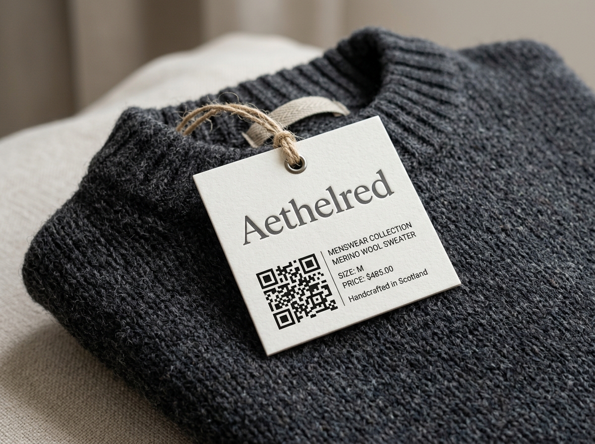 Luxury apparel hangtag with dynamic QR code attached to a garment